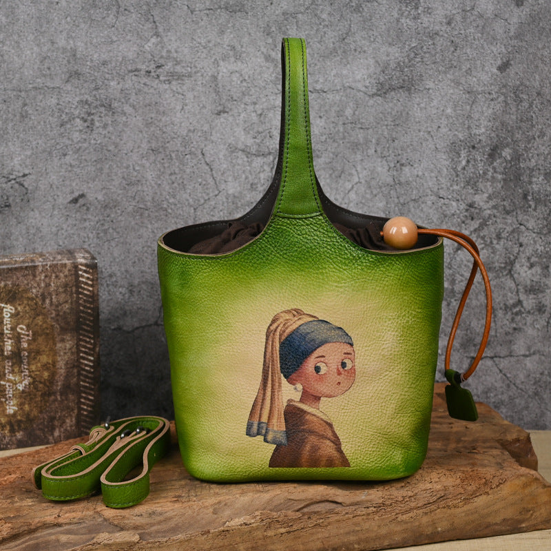 First layer cowhide lazy style printed blue bucket bag