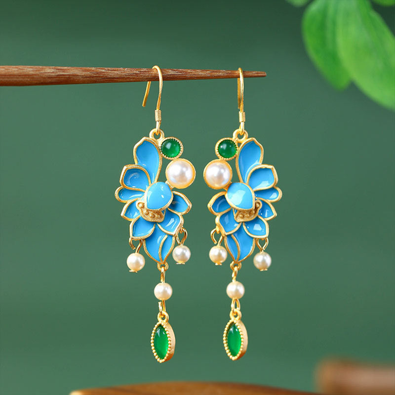 Eyre Edge Enamel Filiglar Dot Green Earrings with Imitation Pearl for Ancient Dress