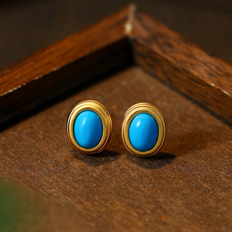 925 Silver Needle Imitation Turquoise Earrings, Simple Retro Design