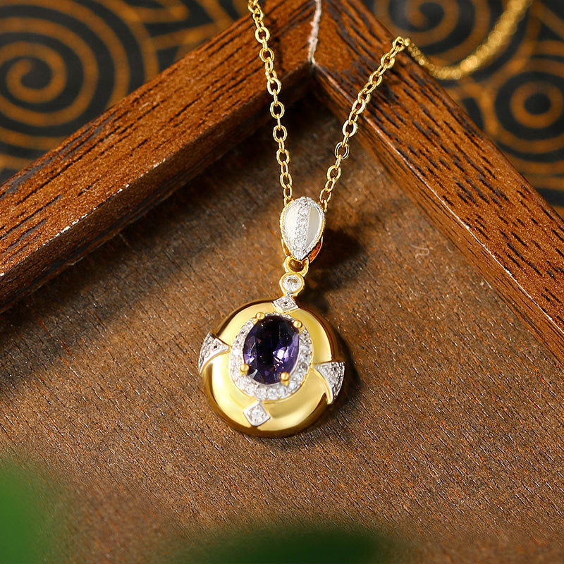 Italian Textured Carved Gold Fantasy Violet Gem 18K Gold Plated Clavicle Necklace