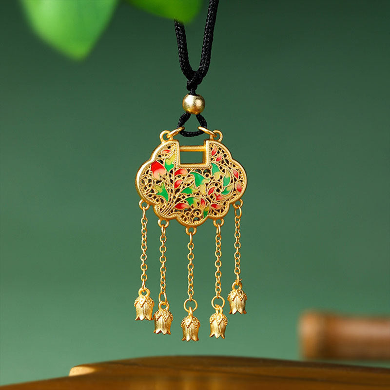 5D Hard Gold Lotus & Ping An Lock Tassel Pendant Necklace for Women
