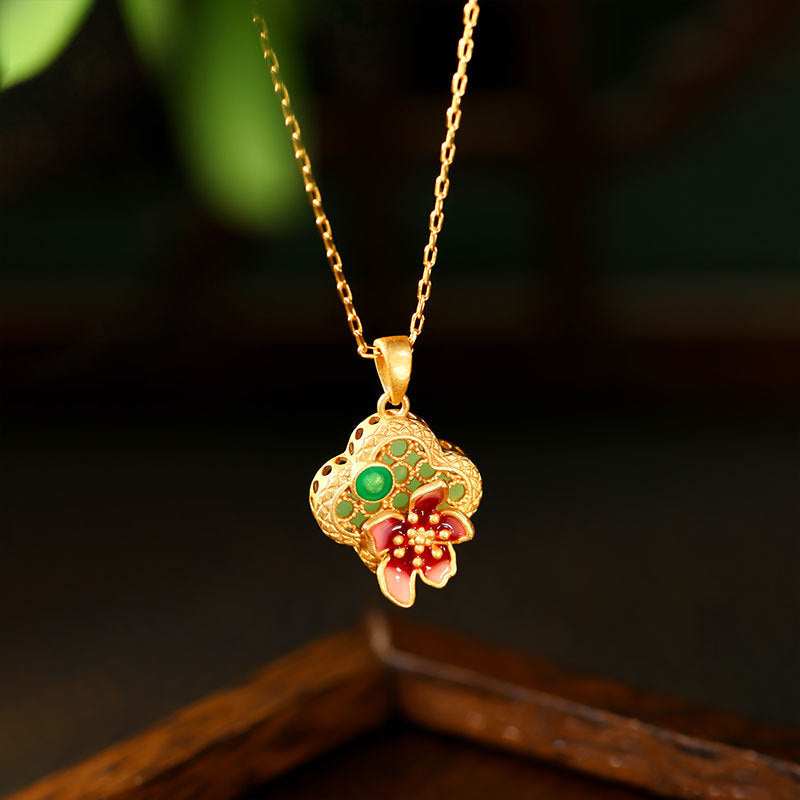 National Fashion Enamel Blossom Imitation Hetian Jade Necklace