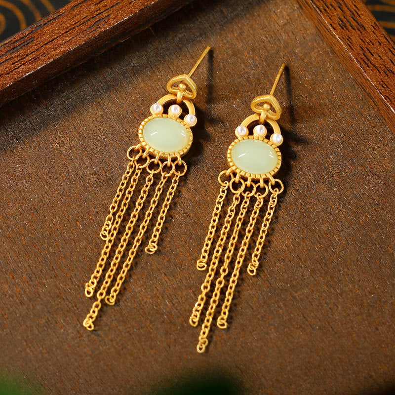 El edge gold-plated imitation Hetian jade long tassel earrings for women