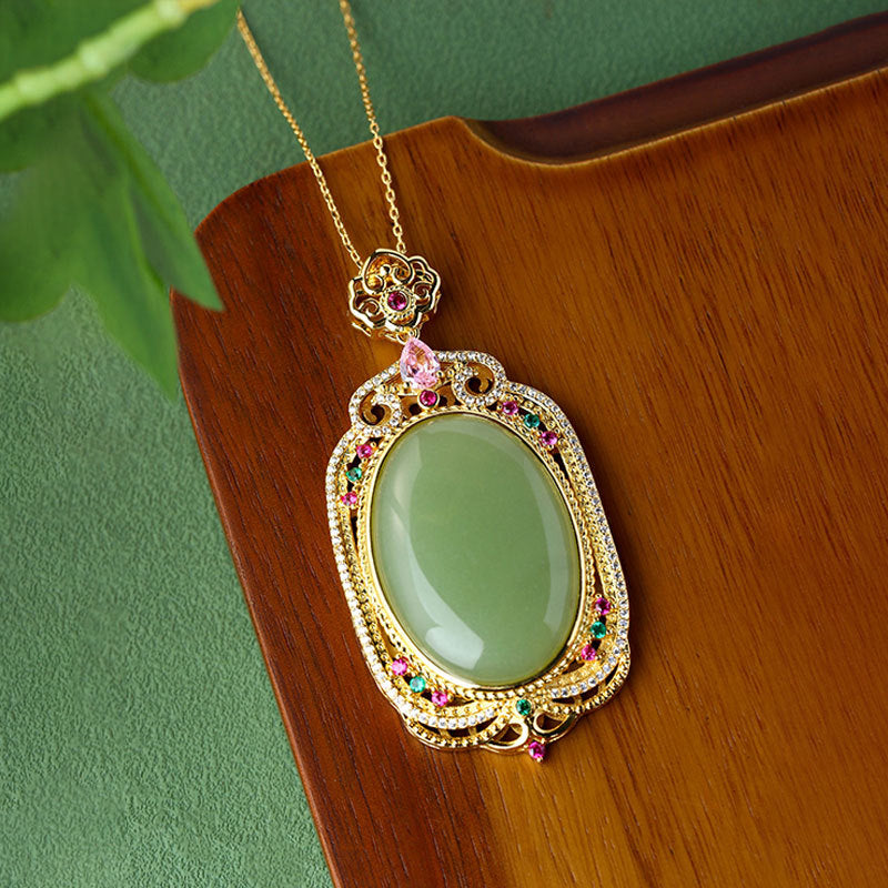 Elegant Gold-plated Copper-plated Imitation Hetian Jade Pendant with Micro-inlaid Colored Diamond Necklace for Men and Women