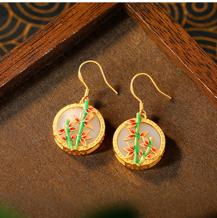925 Silver Needle Enamel Bamboo Peace Ear Hook Earrings for Women