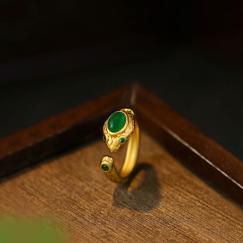 Gold-plated Snake Open Ring with Imitation Emerald for Women
