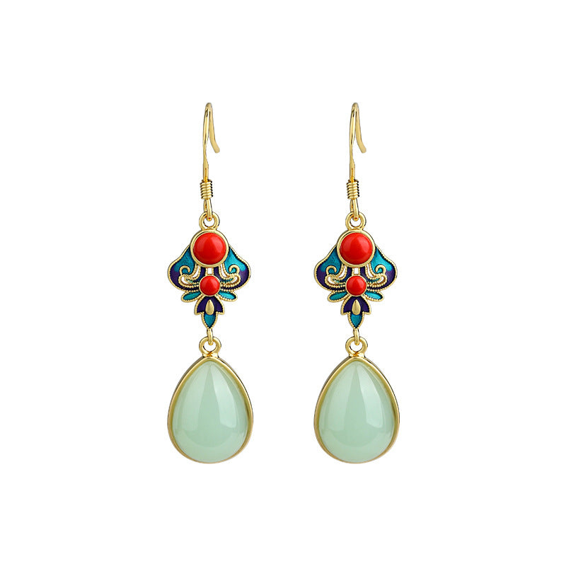 Mirror technology Enamel cloisonne imitation jade Ruyi water drop earrings