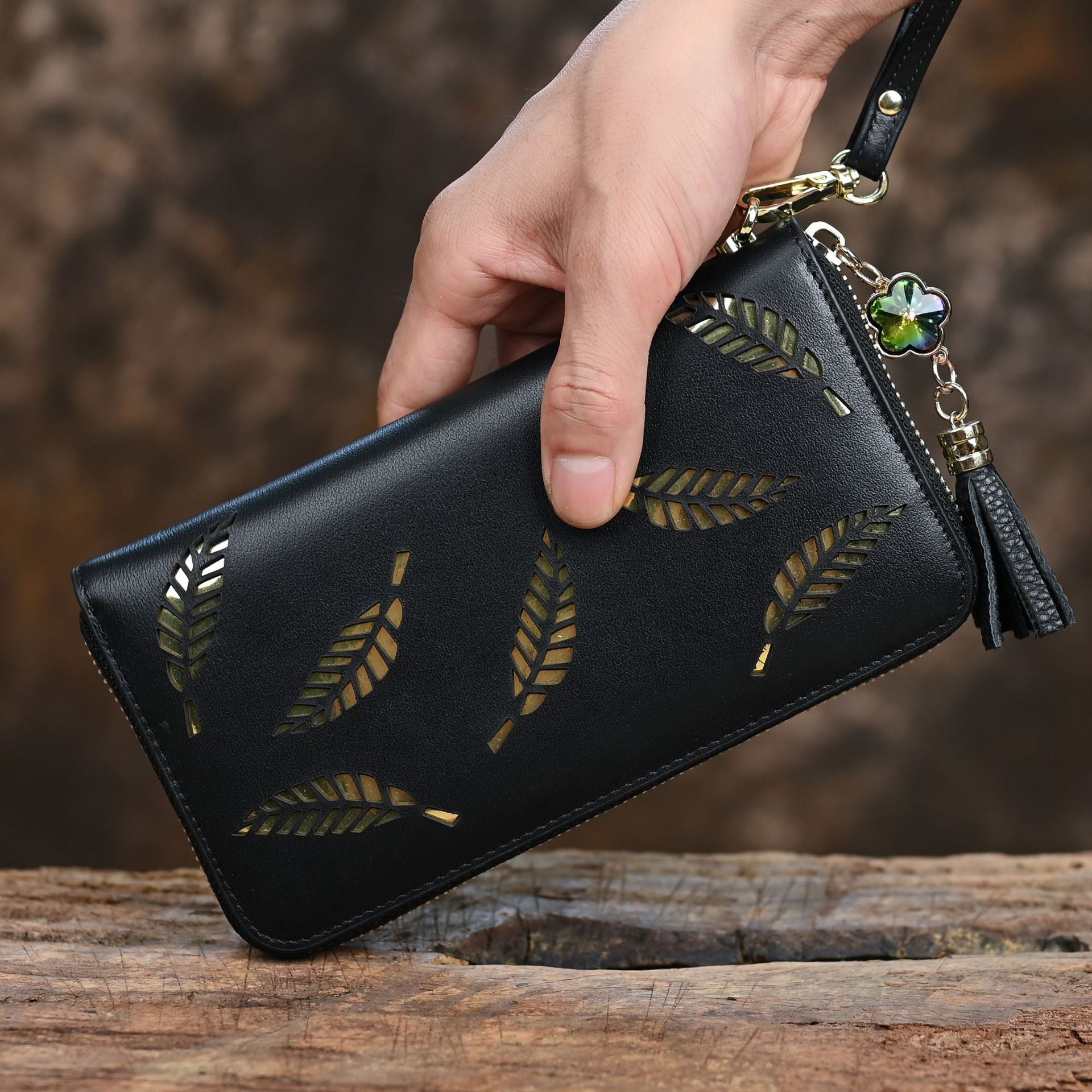 Leather Wallet with Laser Hollow Leaf Metal Design, Handmade