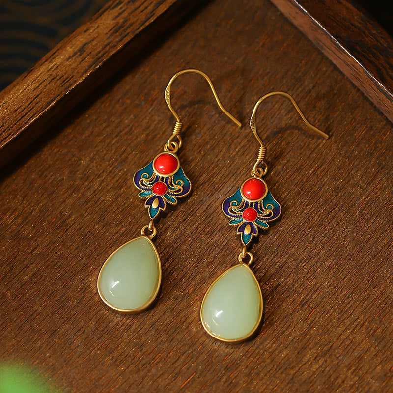 Mirror technology Enamel cloisonne imitation jade Ruyi water drop earrings