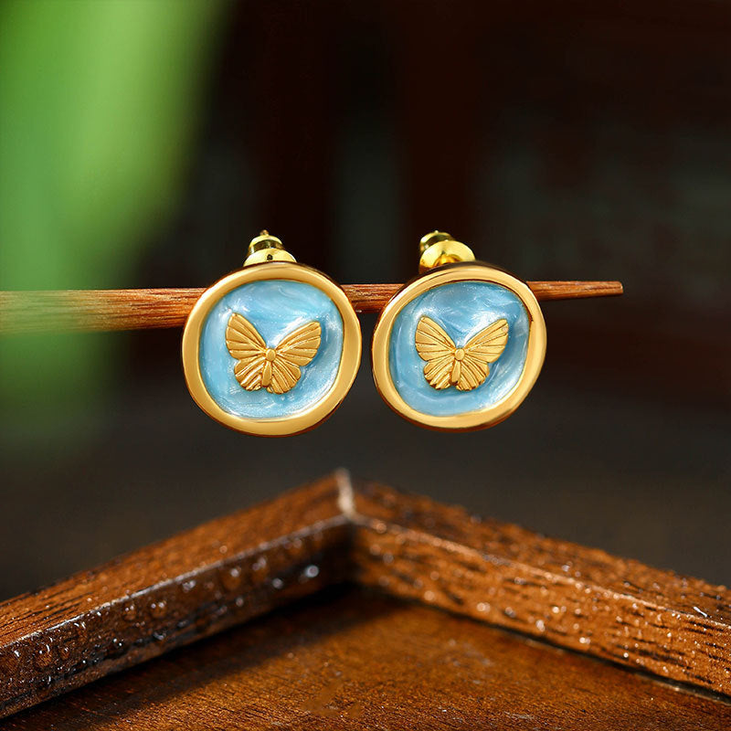 Middle Ancient Vintage Butterfly 925 Silver Needle Earrings