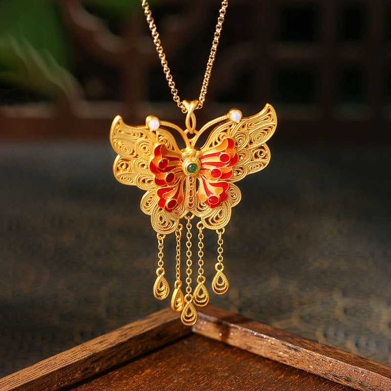 Real Gold Electroplated Ancient Method Sands Gold Filament Tassel Butterfly Vintage Tassel Necklace