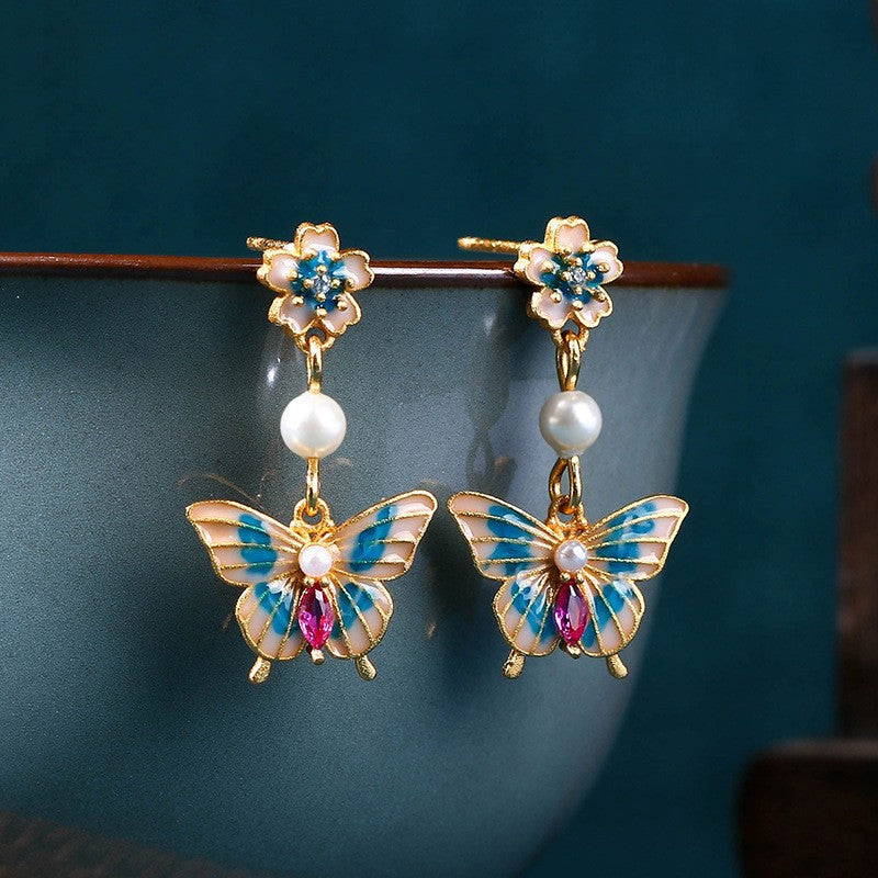 Enamel Gradient Butterfly 925 Silver Needle Pearl Earrings, Ancient Style Design