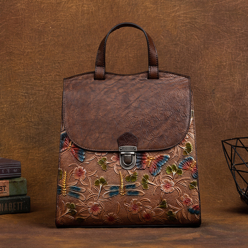 Genuine Vegetable Tanned Leather Embossed Women's Backpack