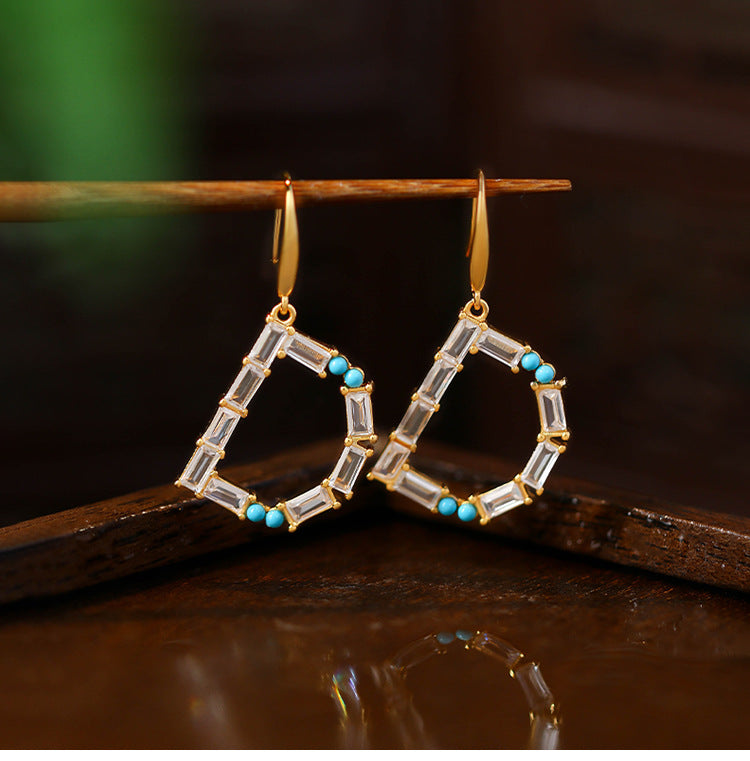 Copper Set Artificial Turquoise Zircon D English Letter Earrings T Square Women's Accessories