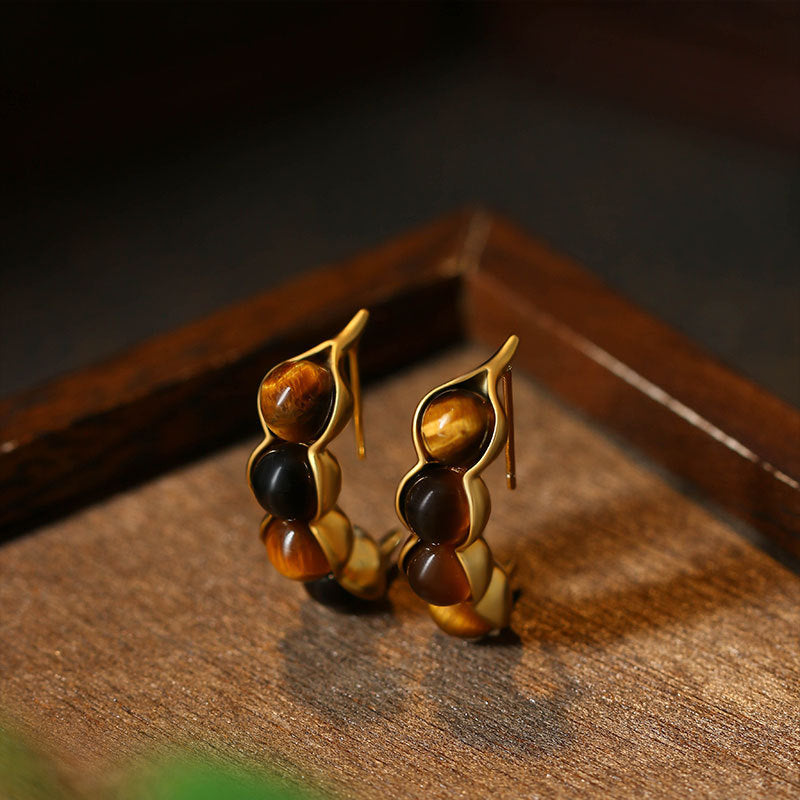 925 Silver Needle Natural Tiger's Eye Vintage Pea Earrings for Women