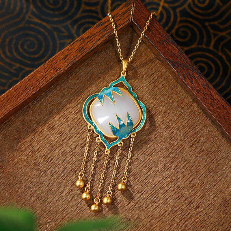 Enamel Painted Bamboo Leaf Square Pendant Necklace, Imitation Hetian Jade, 24k Gold Plated