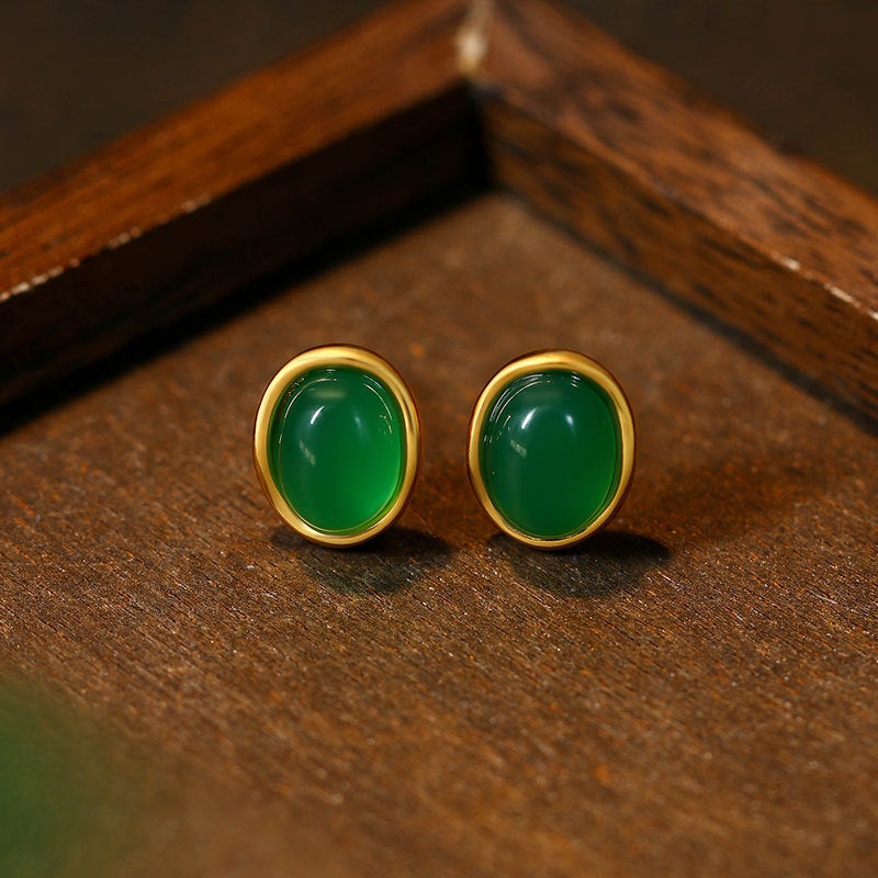 925 Silver Gold-Plated Oval Earrings Inlaid with Natural Green Chalcedony, Simple Fashion