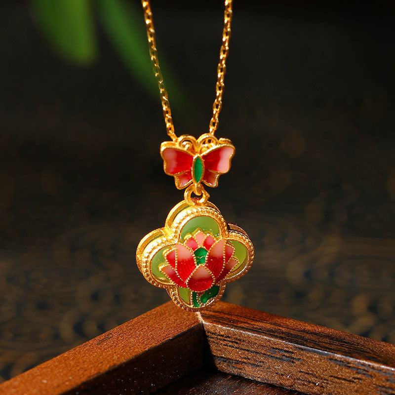 Real Gold Electroplating Butterfly Love Flower Enamel Imitation Jade Clavicle Necklace for Women