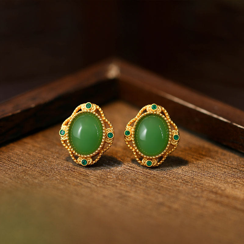 925 Silver Needle Imitation Jasper Earrings, Simple Round Retro for Women