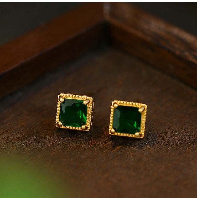French 925 Silver Emerald Ear Studs for Women