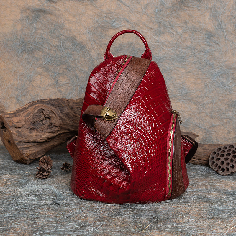 Factory Direct First Layer Cowhide Multi - purpose Crocodile Pattern Handmade Brushed Leather Backpack