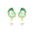 925 Silver Needle Earrings with Colorful Enamel, Faux Shellfish Pearl and Lotus Leaf Design for Women