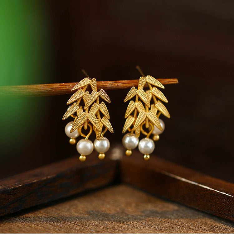 Golden Bamboo Imitation Pearl 925 Silver Pin Vintage Earrings for Women