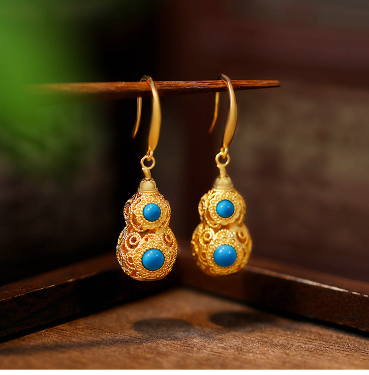 Gold Plated Gourd Fulu Imitation Pine Stone Vintage Earrings