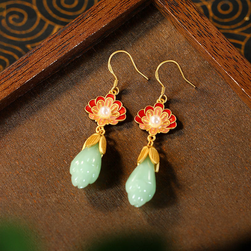 Aieryuan 925 Silver Lotus Earrings with Enamel Imitation Jade
