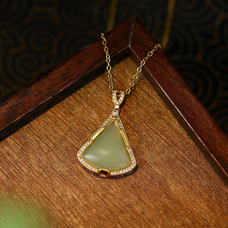 Imitation Hetian Jade Small Skirt Necklace with Gold Plated Inlay Fan Pendant