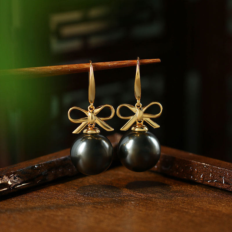 Gold Plated Bow Drawing Ball French Elegant Earrings for Women