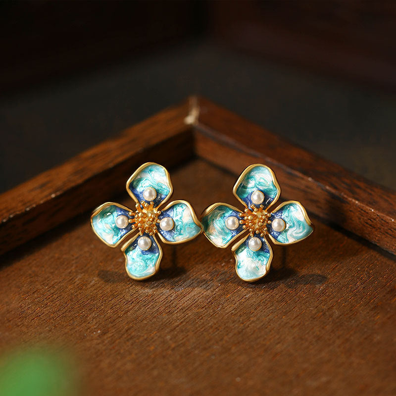 Real Gold Plated French Enamel Flower Ear Studs, Retro Design
