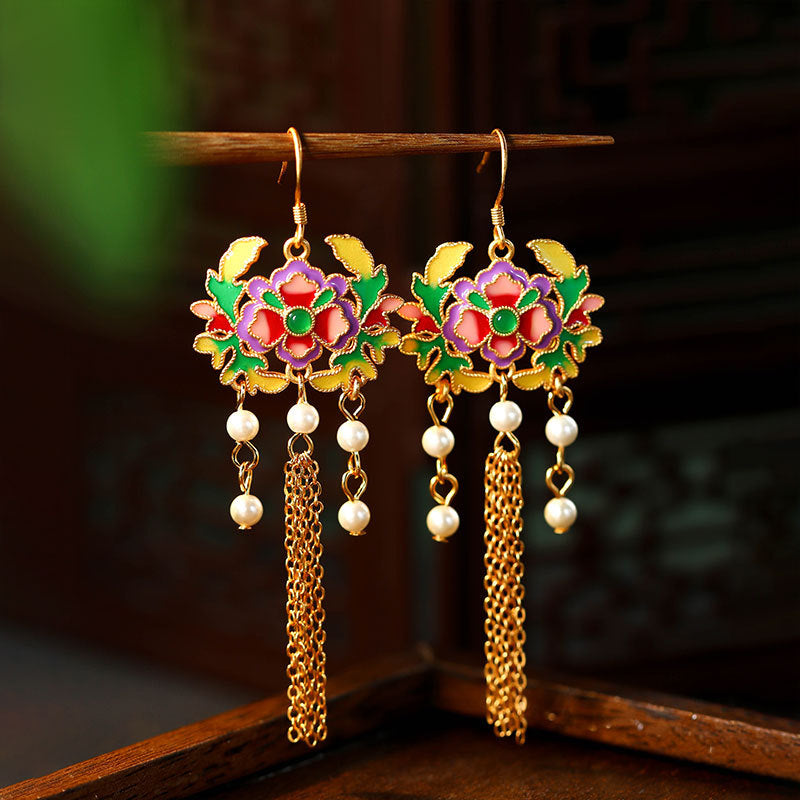 925 Silver Hand-made Enamel Blossom Tassel Pearl Earrings for Women