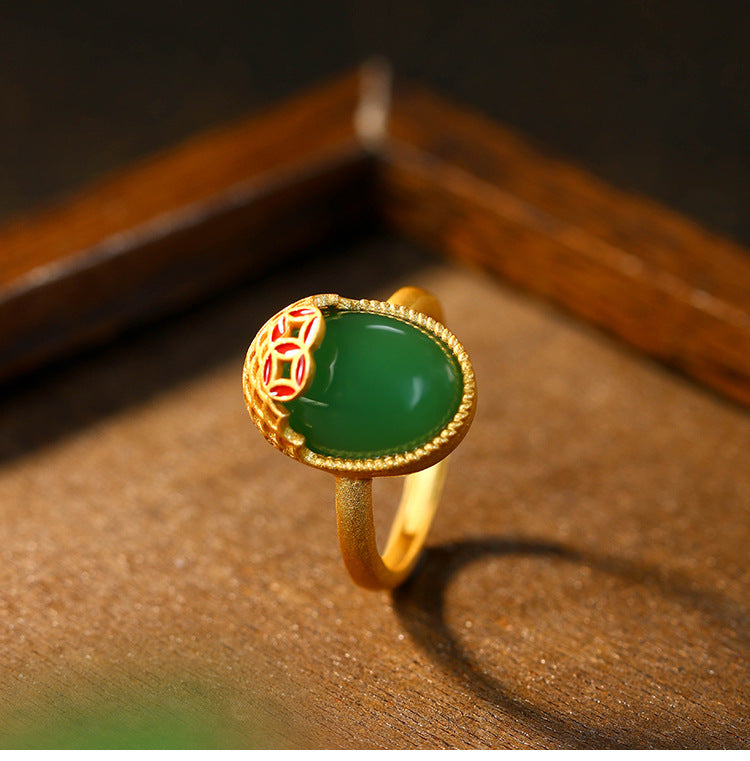 Red Riding Book Ring with Real Gold Plating and Imitation Emerald, Wealth Rolling Egg Design