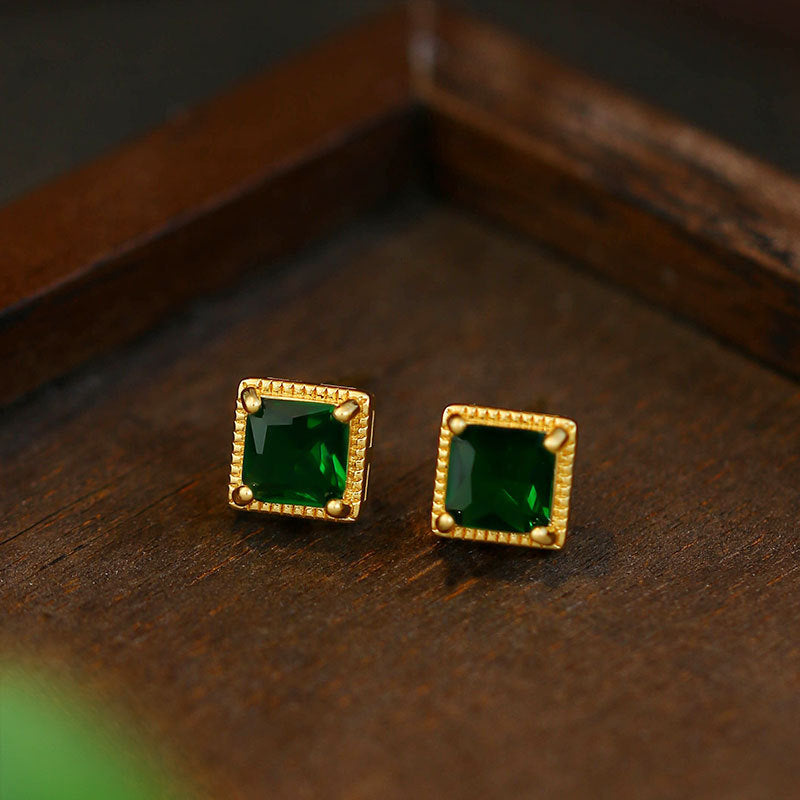 French 925 Silver Emerald Ear Studs for Women