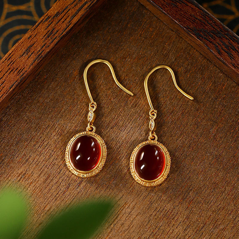 Real Gold Plating Natural Chalcedony Inlaid Niche Design Antique Earrings