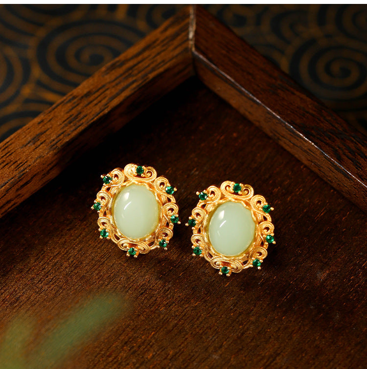 Female Joker Hollow Imitation Jade Earrings - High - end and Exquisite