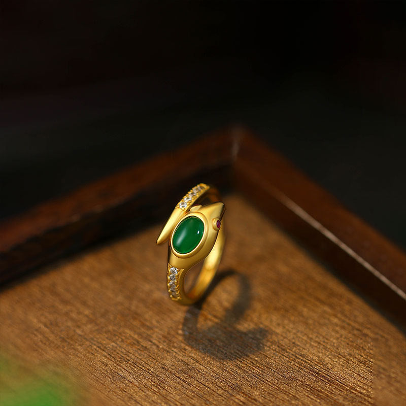Gold Plated Green Eye Snake Ring with Triangle Snake Head