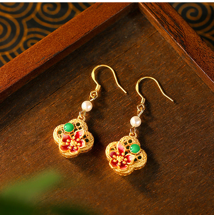Real Gold Electroplated 925 Silver Pin Earrings with Imitation Jade Pearls for Women