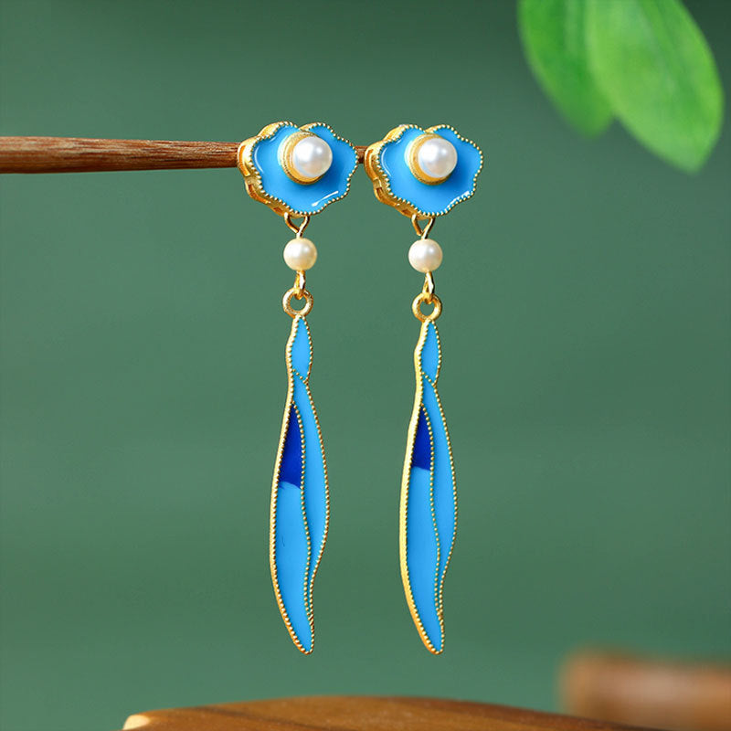 Filigold Gradient Enamel Imitation Pearl Antique Xiangyun Willow Leaf Tassel Earrings for Women