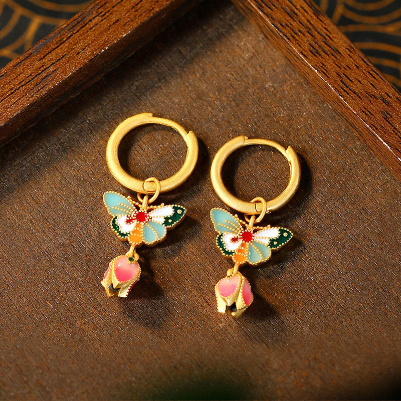 Enamel Butterfly Women's Ear Studs, Elegant Retro Style