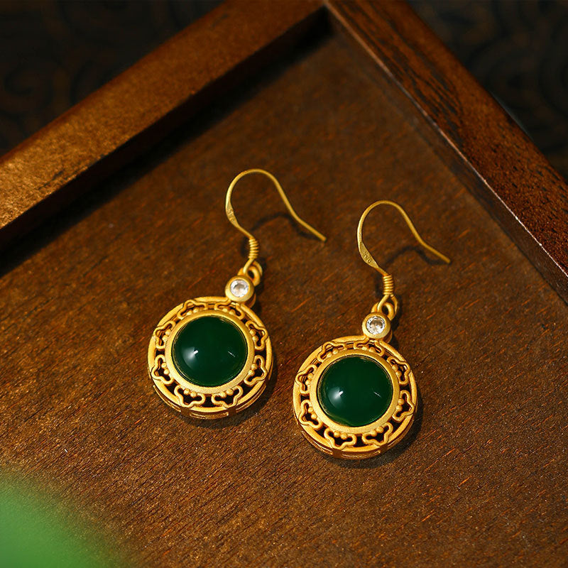 925 Silver Needle Gold Plated, Inlaid Imitation Hetian Jade Earrings for Women