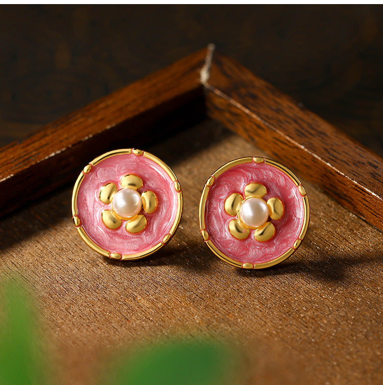 Vintage Silver Needle Camellia Imitation Pearl Ear Studs for Women