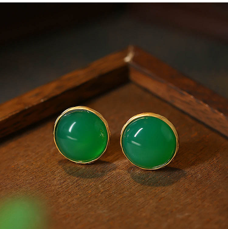 Real Gold Electroplated 925 Silver Needle Imitation Green Agate Zircon Earrings for Women