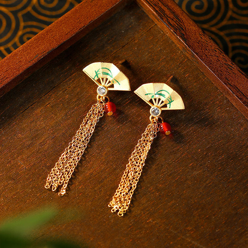 Antique Fan Tassel Ear Stud Earrings, Handmade Palace Ethnic Style