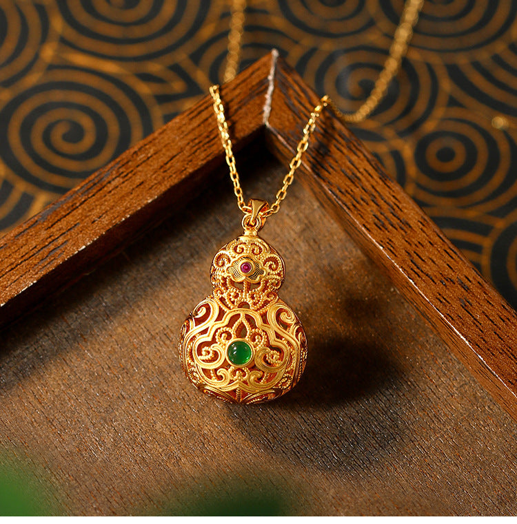 Gold Plated Jasper Hollow Gourd Fulu Sachet Necklace with Retro Xiangyun Ruyi Design