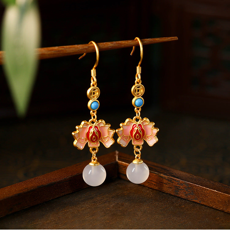 Enamel Painted Lotus Natural White Chalcedony Retro Earrings for Women