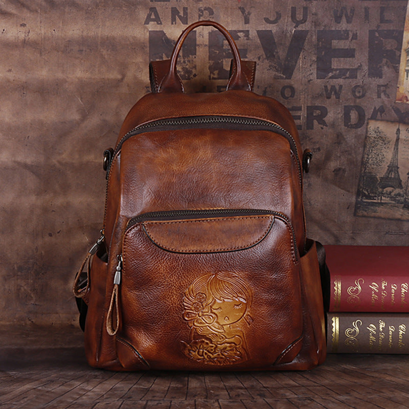 First Layer Cowhide Vegetable Tanned Leather Handmade Large-Capacity Backpack Shoulder Bag