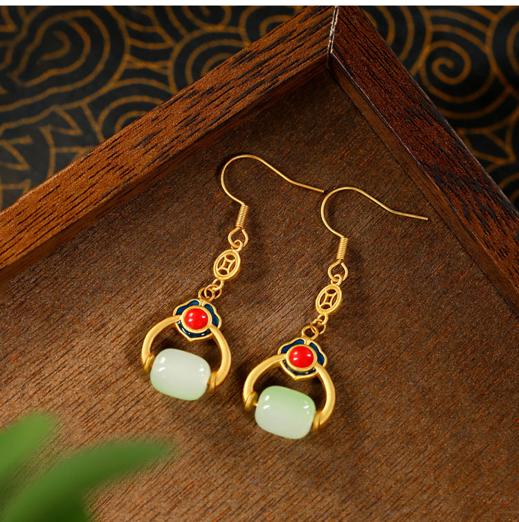 925 Silver Needle Xiangyun Lutong Earrings with Transfer Beads and Imitation Jade