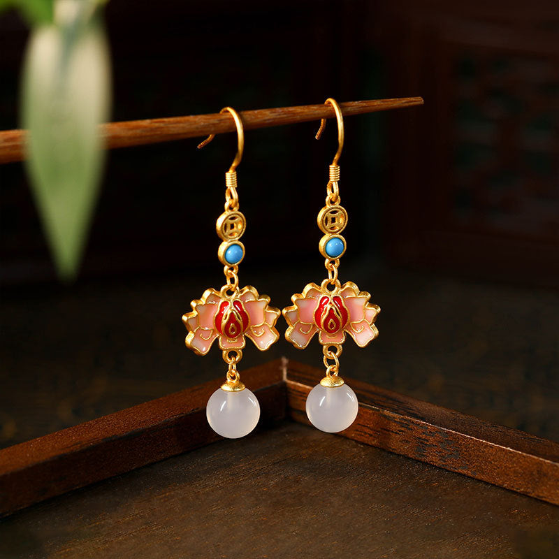 Enamel Painted Lotus Natural White Chalcedony Retro Earrings for Women